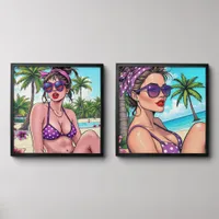 Women in Purple Bikini and Bandanna at Beach  Peel And Stick Photo Tile
