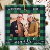 Just Married Christmas Green Plaid Newlywed Photo  Ceramic Ornament