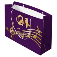 21st Birthday party purple gold music notes Large Gift Bag