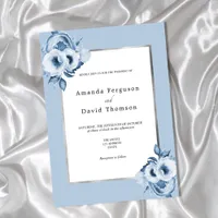 Dusty blue silver watercolored florals wedding invitation