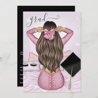 Pink and Black Brunette Girl Graduation Party Invi Invitation