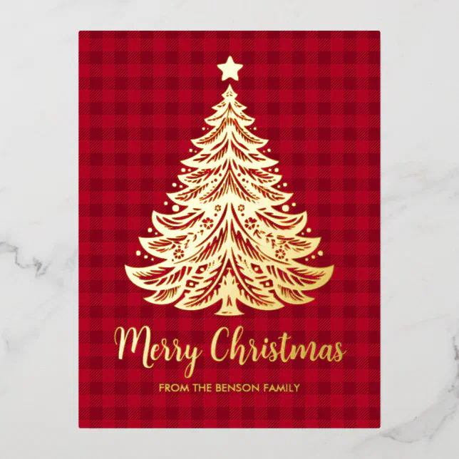 Gold Christmas Tree in Red Plaid Foil Holiday Postcard