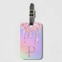 Glam Pink Glitter Drips Elegant Monogram Luggage T Luggage Tag