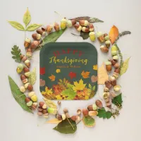 Happy Thanksgiving Fall Colorful Foliage On Wood Paper Plates