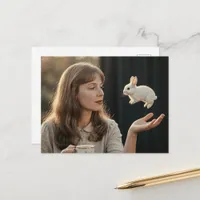 Woman and a Tiny Magic Bunny at Tea Postcard