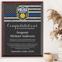 Police Retirement Custom Officer Thin Blue Line Award Plaque