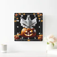 Ghost rises from a pumpkin at dusk square wall clock