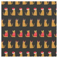 Christmas Ginger Cat Santa Hats Pattern on Black Fabric