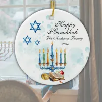 Happy Hanukkah Watercolor Family Photo  Ceramic Ornament