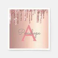 Rose Gold Pink Glitter Dripping Glam With Monogram Napkins