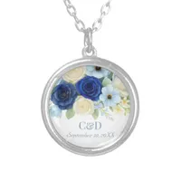 Navy Royal Bue Wedding Watercolor Ivory Flowers Silver Plated Necklace