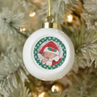 Your Photo Santa Baby Green Background Snowflakes Ceramic Ball Christmas Ornament