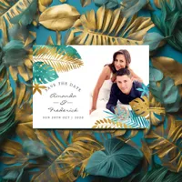 Teal and Gold Tropical Wedding Save the Date Magnetic Invitation