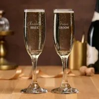 Bride And Groom Elegant Script Matching Etched Champagne Flute