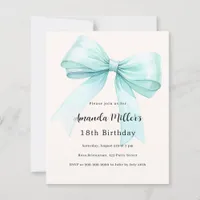Teal green bow cream elegant birthday invitation