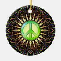 Citrus Groove Peace Sign Psychedelic Mandala Ceramic Ornament