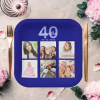Birthday navy blue photo collage paper plates