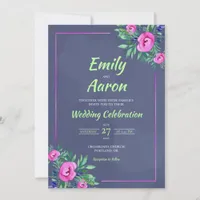 Navy Pink Rose Romantic Floral Watercolor Wedding Invitation