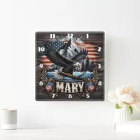 Majestic Eagle Over Water With Mountain Background Square Wall Clock