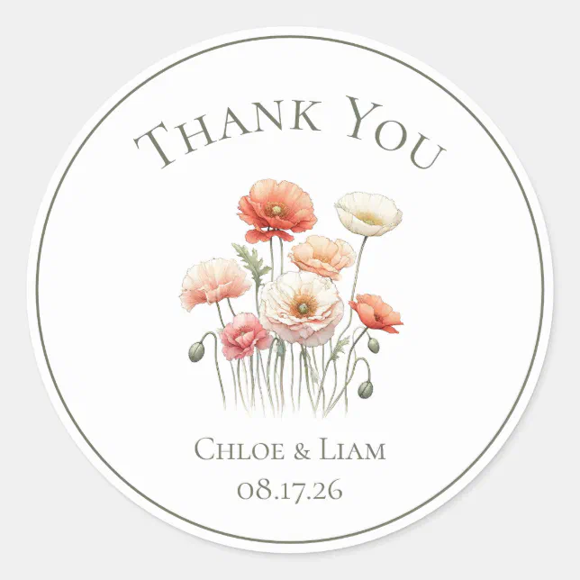 Botanical Poppies Custom Wedding Thank You Classic Round Sticker