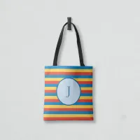 Initial Letter Primary Color Striped Tote Bag