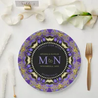 Monogram Purple Gold Diamond Lace Unique Wedding  Paper Plates