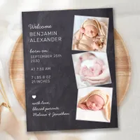 Rustic 3 Photo New Baby Chalkboard Birth Announcement Postcard
