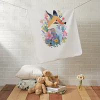 A whimsical scene of a cute fox in the flowers baby blanket