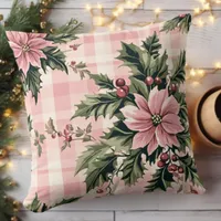 Pink Plaid Poinsettia Christmas Throw Pillow