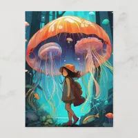 Fantasy Jellyfish Girl Walking Under The Ocean Postcard