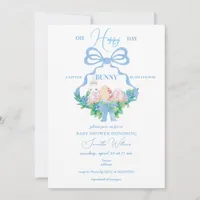 Blue Floral Crest Easter Bunny Boy Baby Shower Invitation