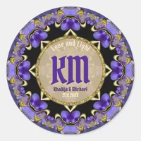 Stylish Elegance Purple Gold Lace Monogram Wedding Classic Round Sticker