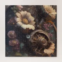 Steampunk Gears and White Flowers  Jigsaw Puzzle