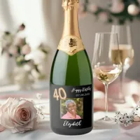 40th Birthday black gold photo Sparkling Wine Label