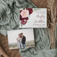 Modern Burgundy Blush Floral Greenery Photo Save The Date