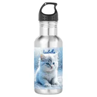 Personalized Little White Kitten in Snow Stainless Steel Water Bottle