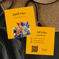 Orange home cleaning service QR code Square Business Card