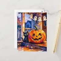 Cute Black Cat and Jackolantern Halloween Postcard