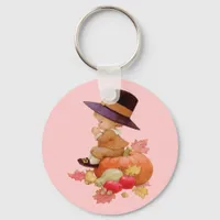 Vintage Pilgrim Boy Praying on Pumpkin Keychain
