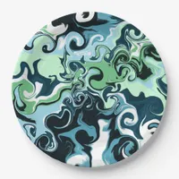 Blue, Green and White swirls Abstract Fluid Art    Paper Plates