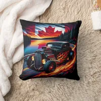 Hot rod cruising by a lake at sunset throw pillow