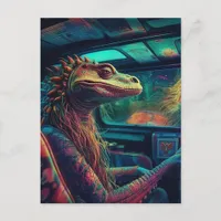 A colorful psychedelic lizard in a vehicle  postcard