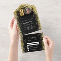 80th birthday black gold photo rsvp all in one invitation