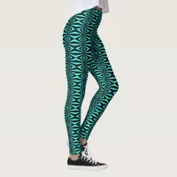 Trendy Teal & Black Op Art Geometric Pattern Leggings