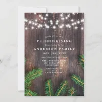 Rustic Pine String Lights Wood Friendsgiving Party Invitation