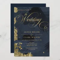 Dark Midnight Blue, Gold Painterly Wedding Invitation