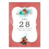Turquoise and Coral Watercolor Floral Table Number