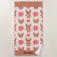 Cute Highland Cows and Flowers Pink and Brown  Beach Towel