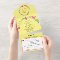 Elegant Pink Floral Greenery Light Yellow Wed RSVP All In One Invitation