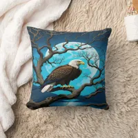 Eagle Perched on Branch Under Moonlit Sky Throw Pillow